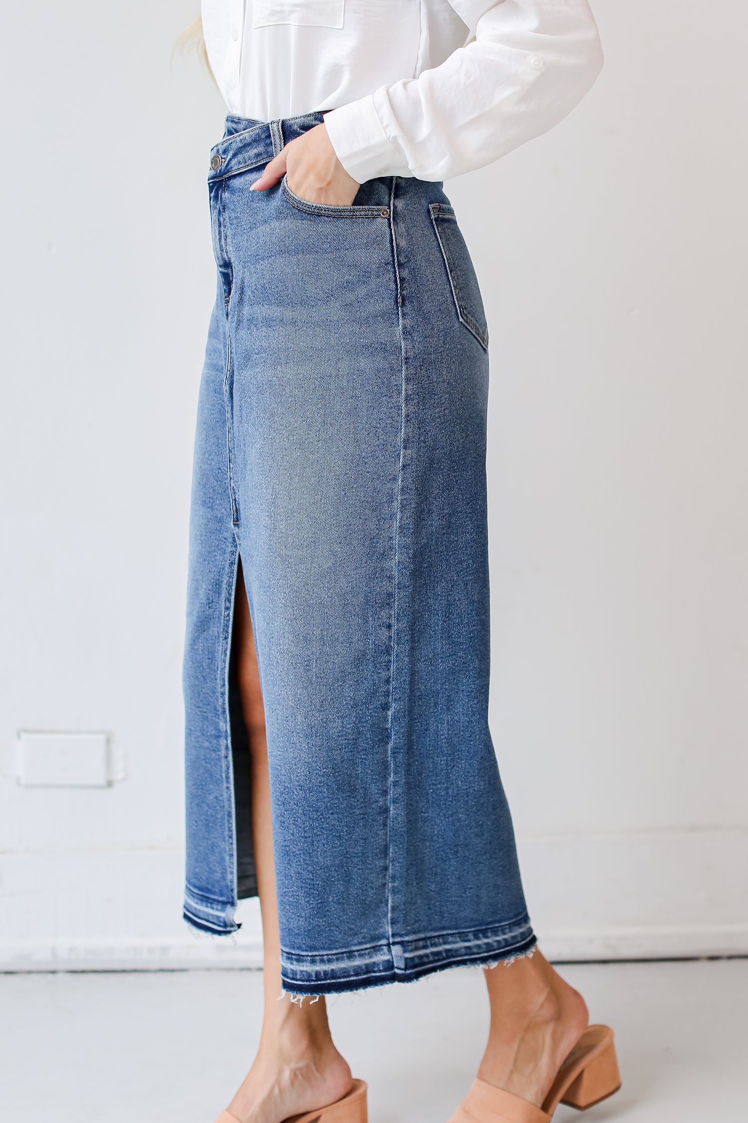 medium wash Denim Maxi Skirt  side view