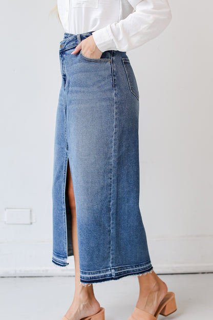 medium wash Denim Maxi Skirt  side view