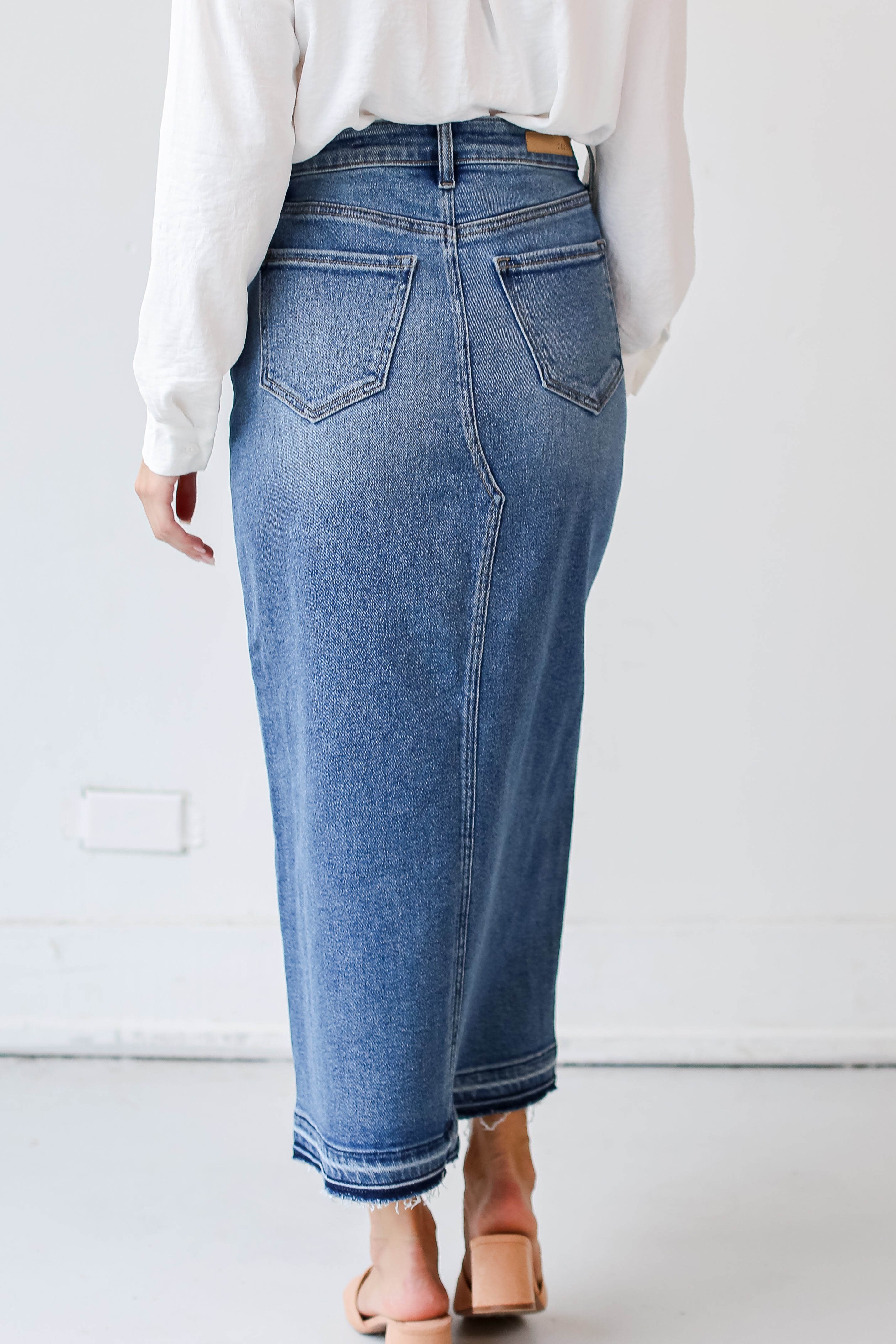 medium wash Denim Maxi Skirt back view