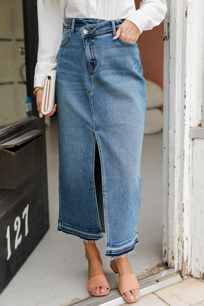 medium wash Denim Maxi Skirt