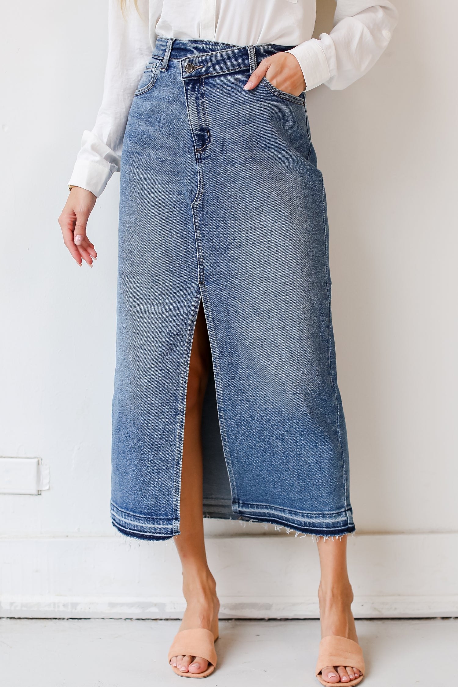 medium wash Denim Maxi Skirt close up