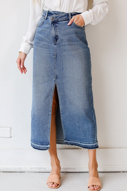 medium wash Denim Maxi Skirt close up