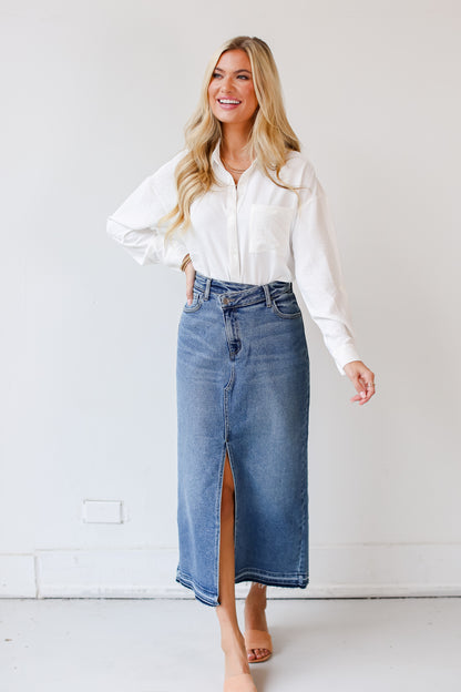 medium wash Denim Maxi Skirt with a white blouse