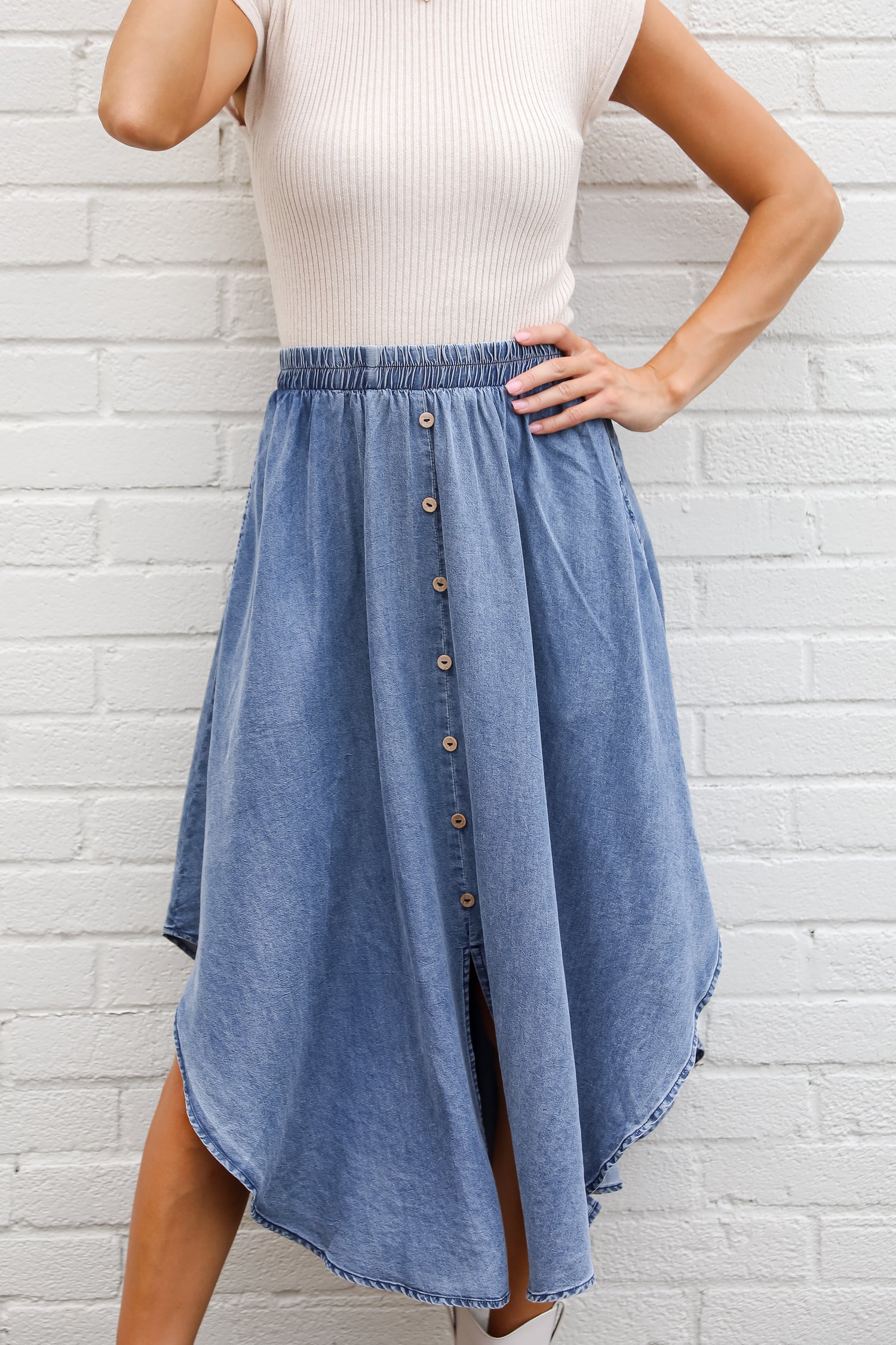 Pleasant Perception Denim Midi Skirt