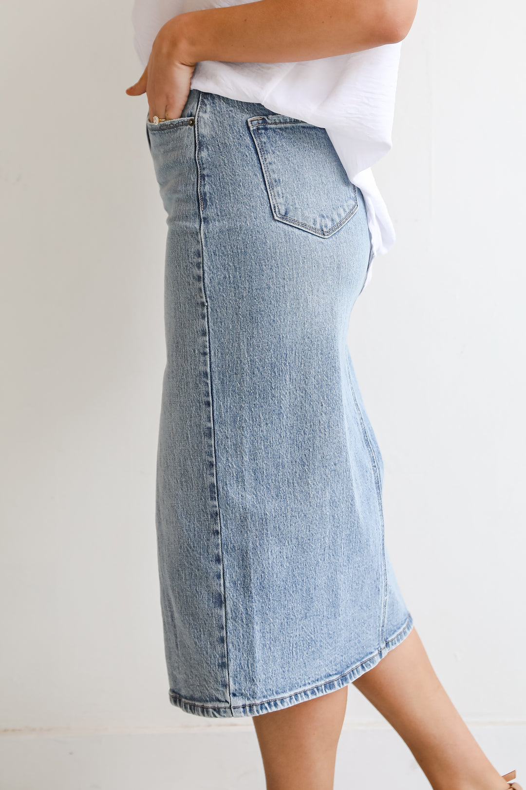 high rise Medium Wash Denim Midi Skirt