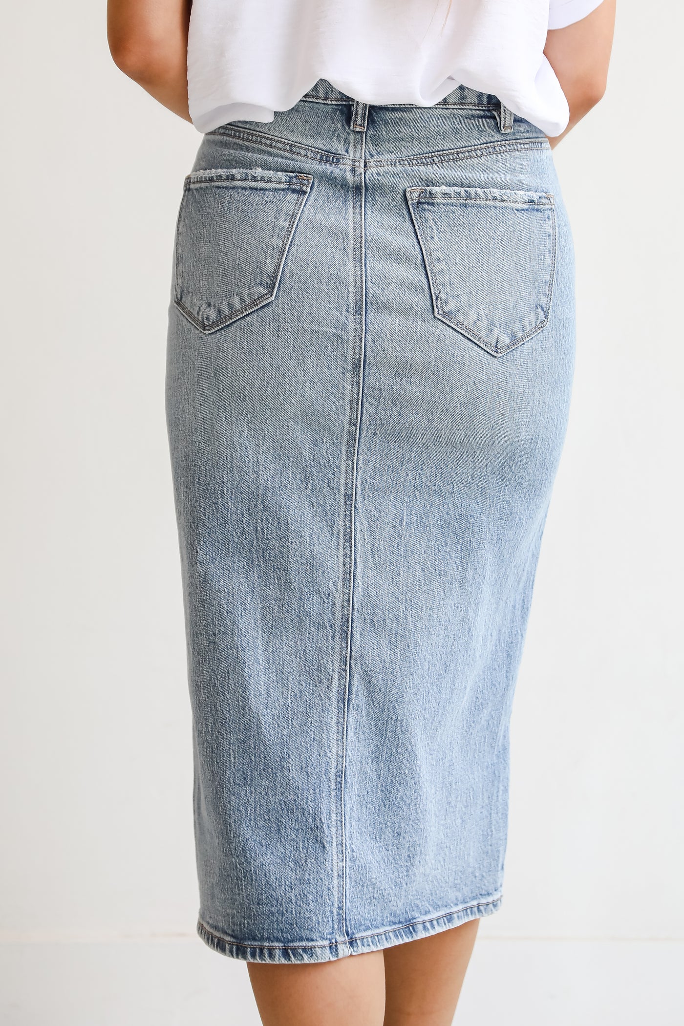 trendy Medium Wash Denim Midi Skirt