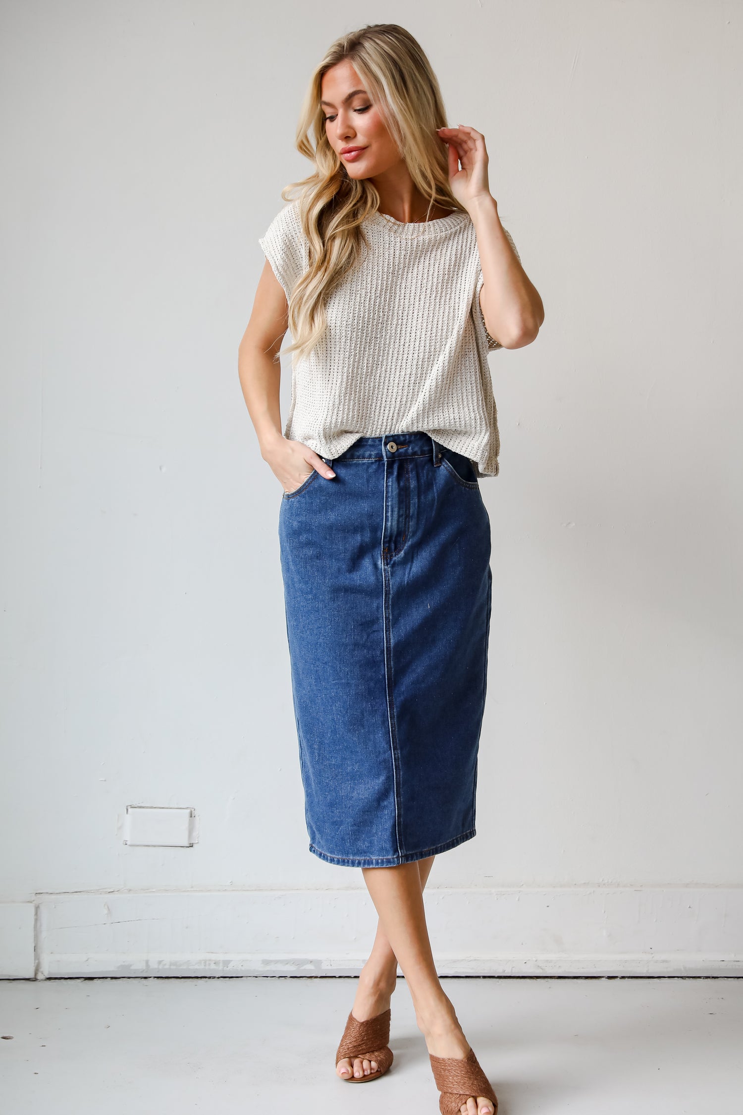 high rise Denim Midi Skirt