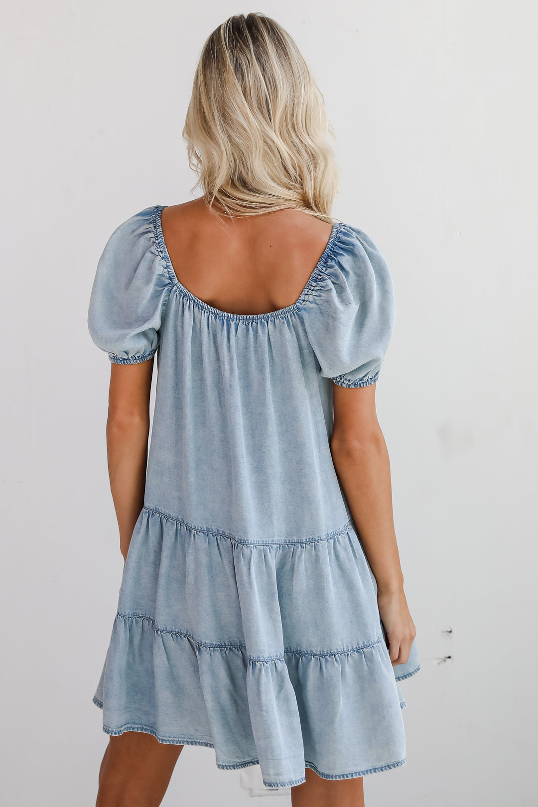 Aesthetic Charm Light Denim Tiered Mini Dress