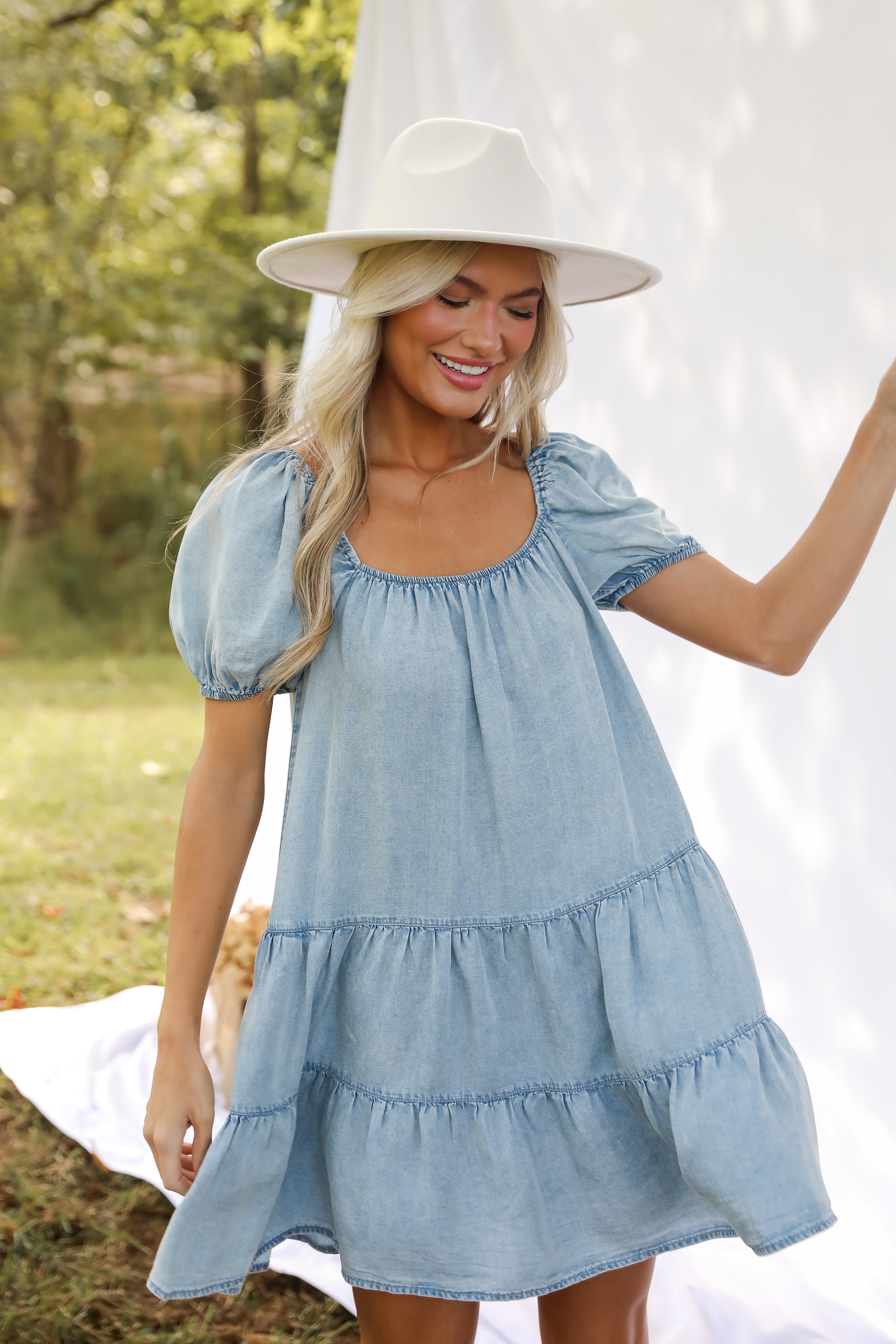 Aesthetic Charm Light Denim Tiered Mini Dress