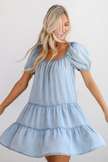 Aesthetic Charm Light Denim Tiered Mini Dress