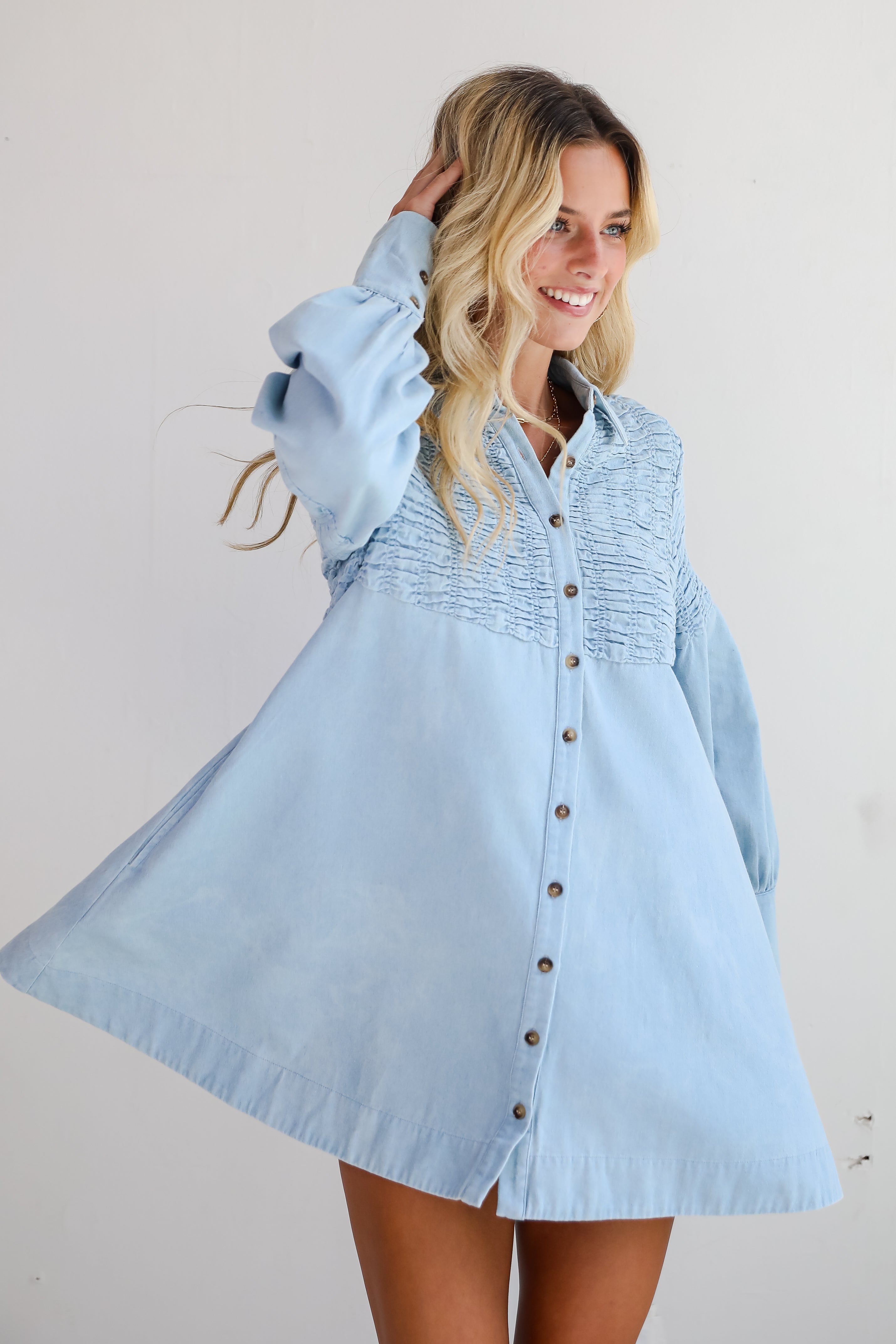 Trendy Aura Light Wash Denim Mini Dress