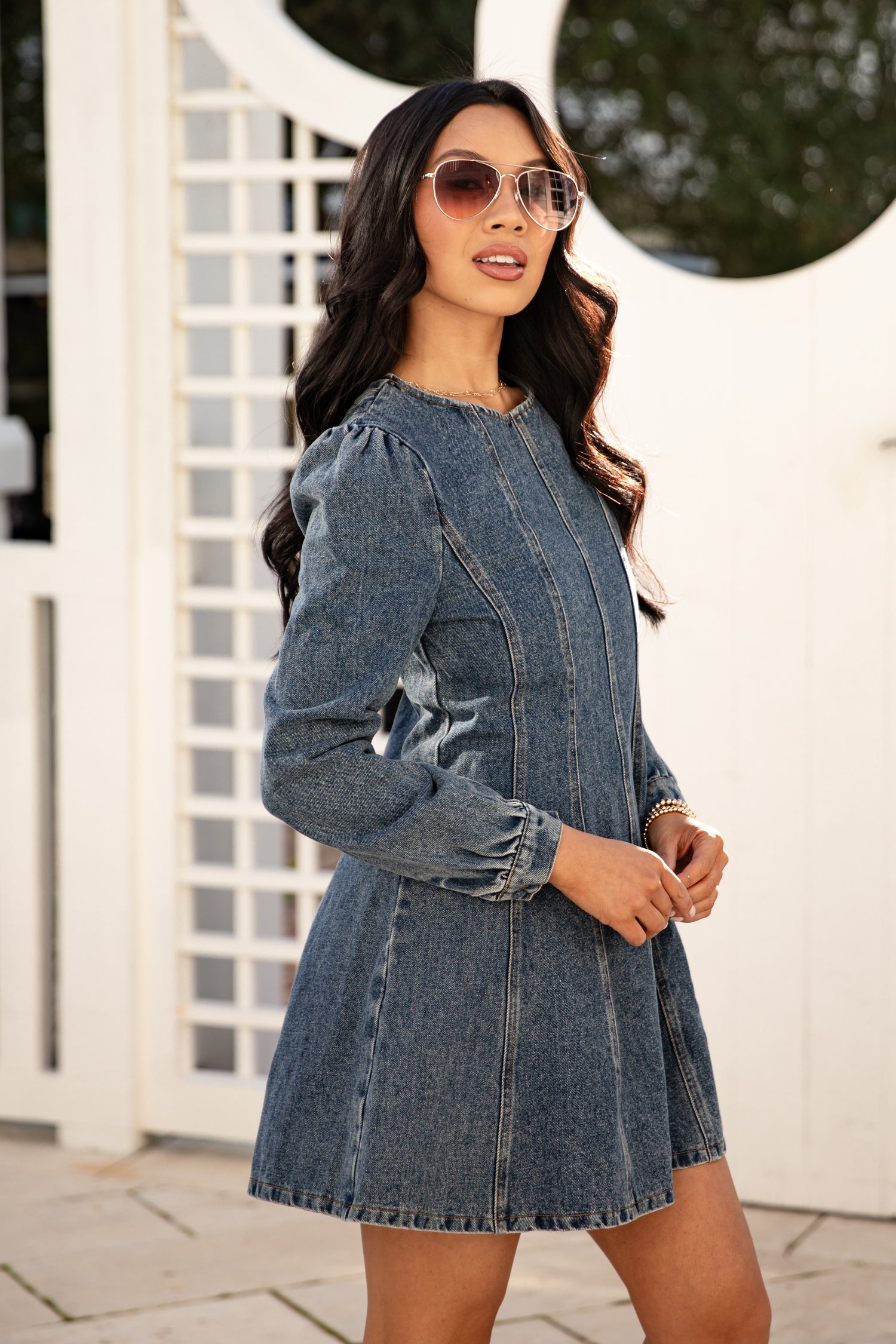 ladies long sleeve denim dress Women's Long-Sleeve Denim Shirt Dress in Medium Wash | Size S TALL