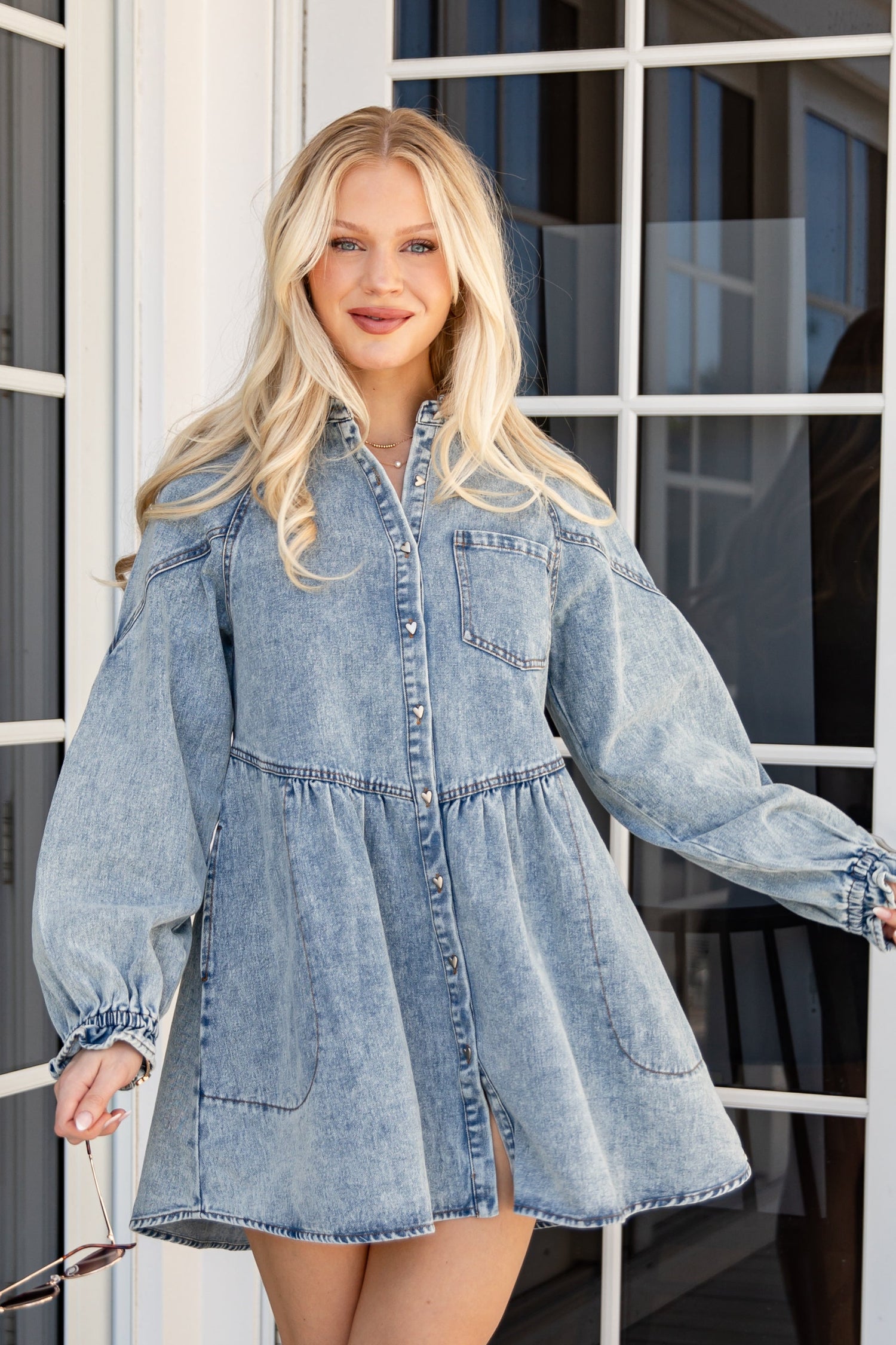 mini womens denim dress PrettyLittleThing Mid Blue Wash Short Sleeve Seam Detail Button Down Denim Mini Dress