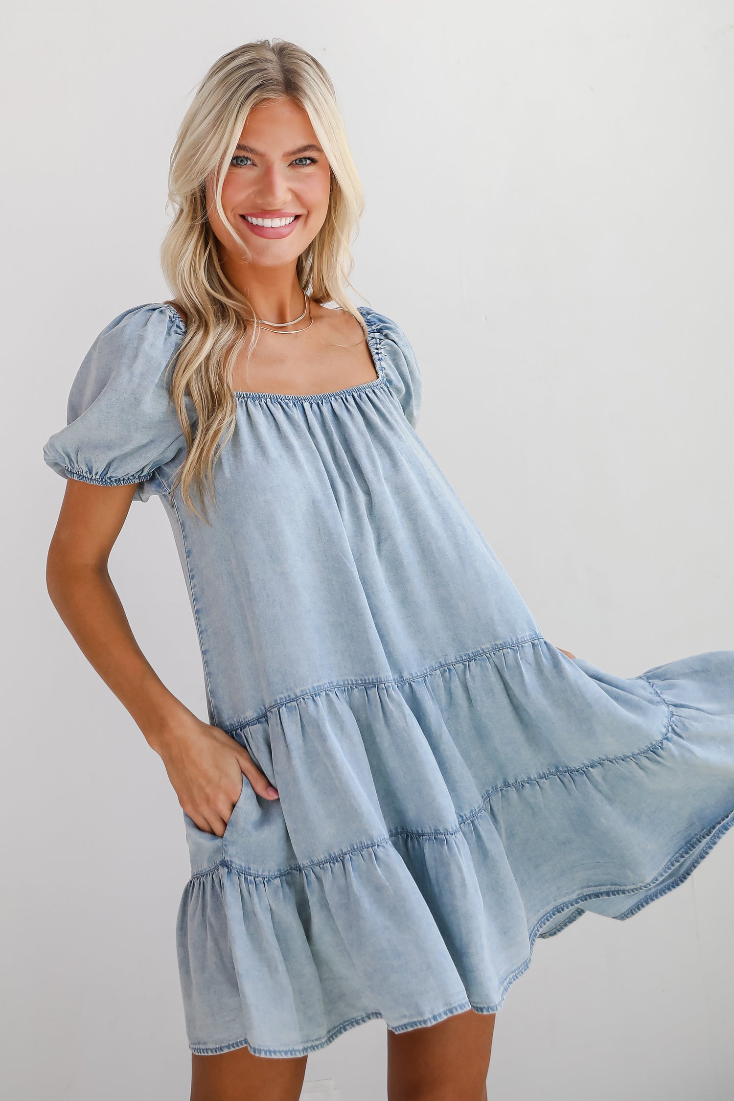 Aesthetic Charm Light Denim Tiered Mini Dress