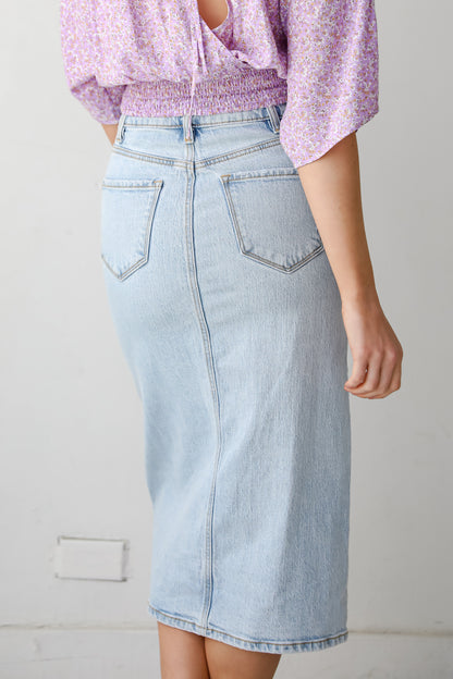 womens Light Wash Denim Midi Skirt