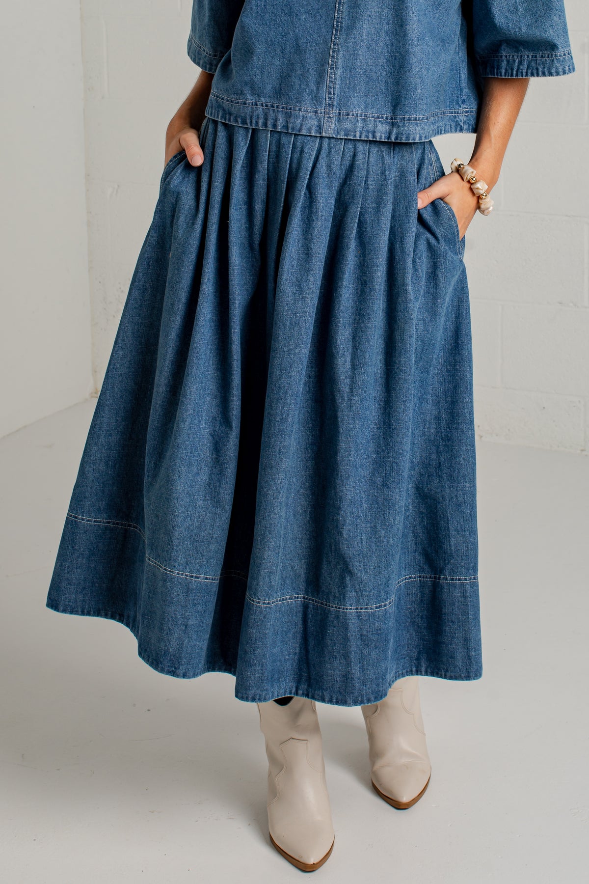 Blue Hour Pleated Denim Maxi Skirt
