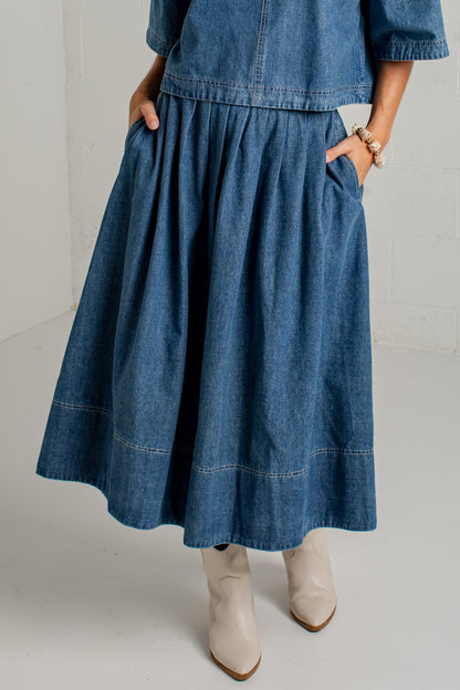 Blue Hour Pleated Denim Maxi Skirt