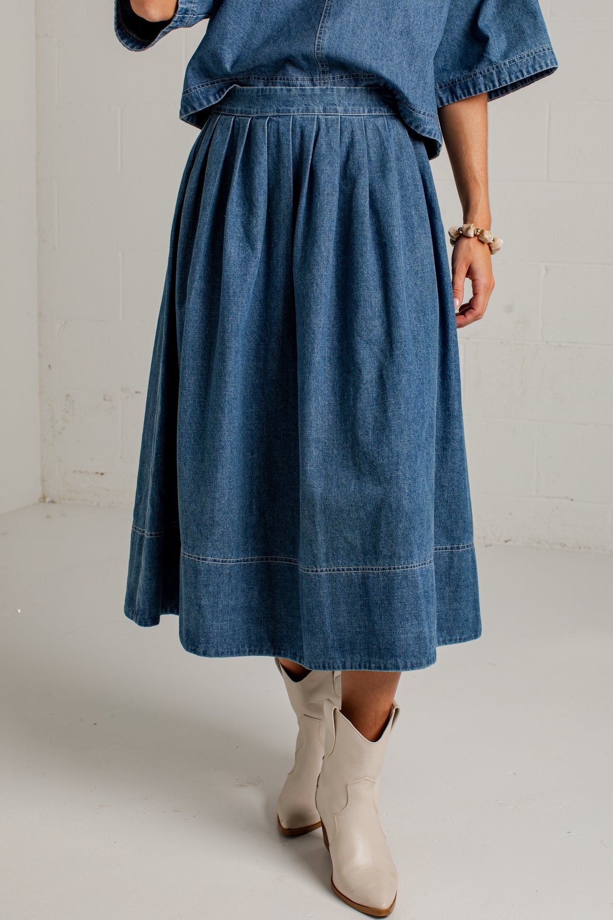 Blue Hour Pleated Denim Maxi Skirt