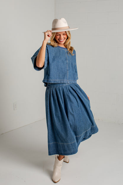 Blue Hour Pleated Denim Maxi Skirt