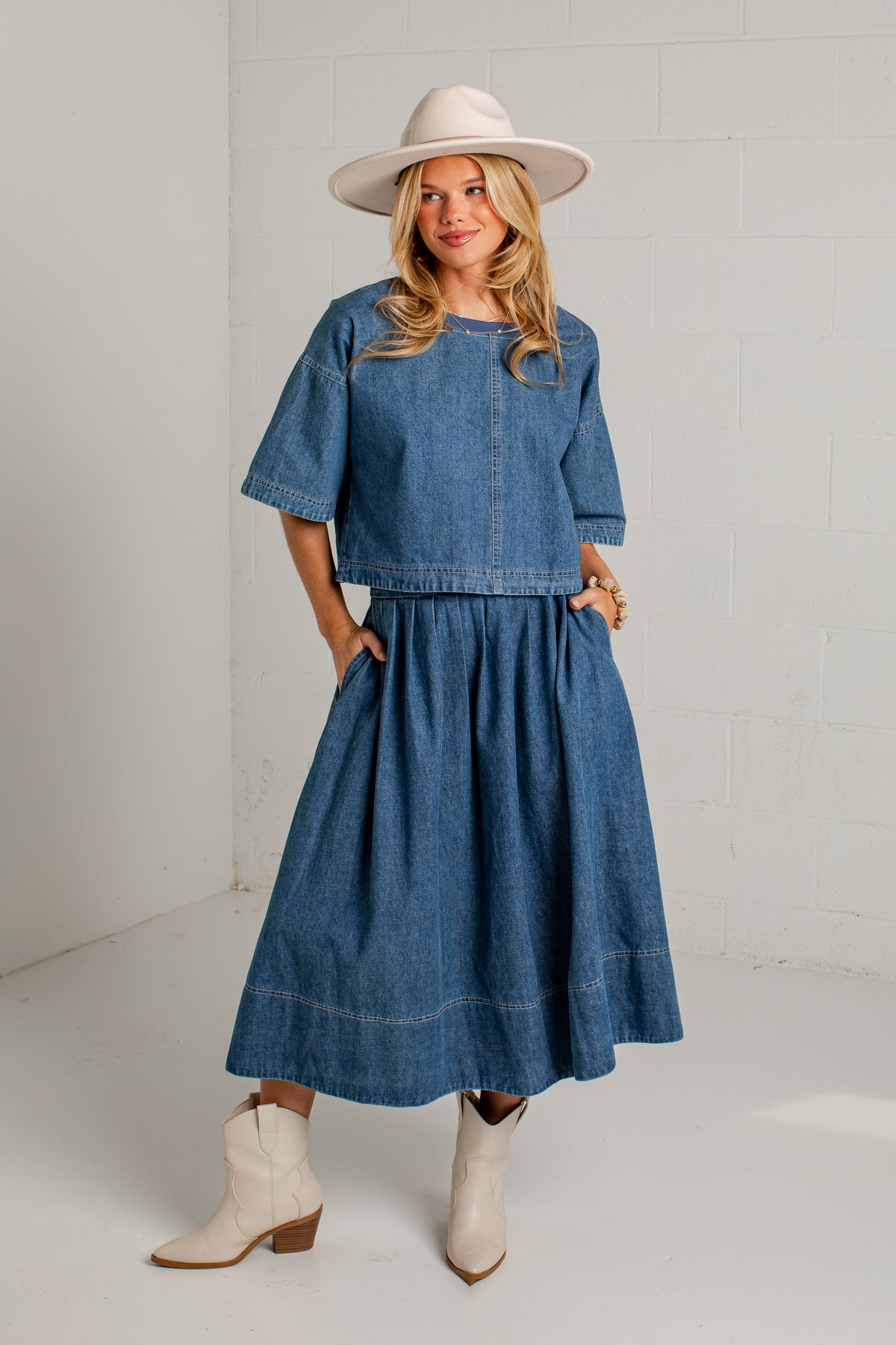 Blue Hour Pleated Denim Maxi Skirt
