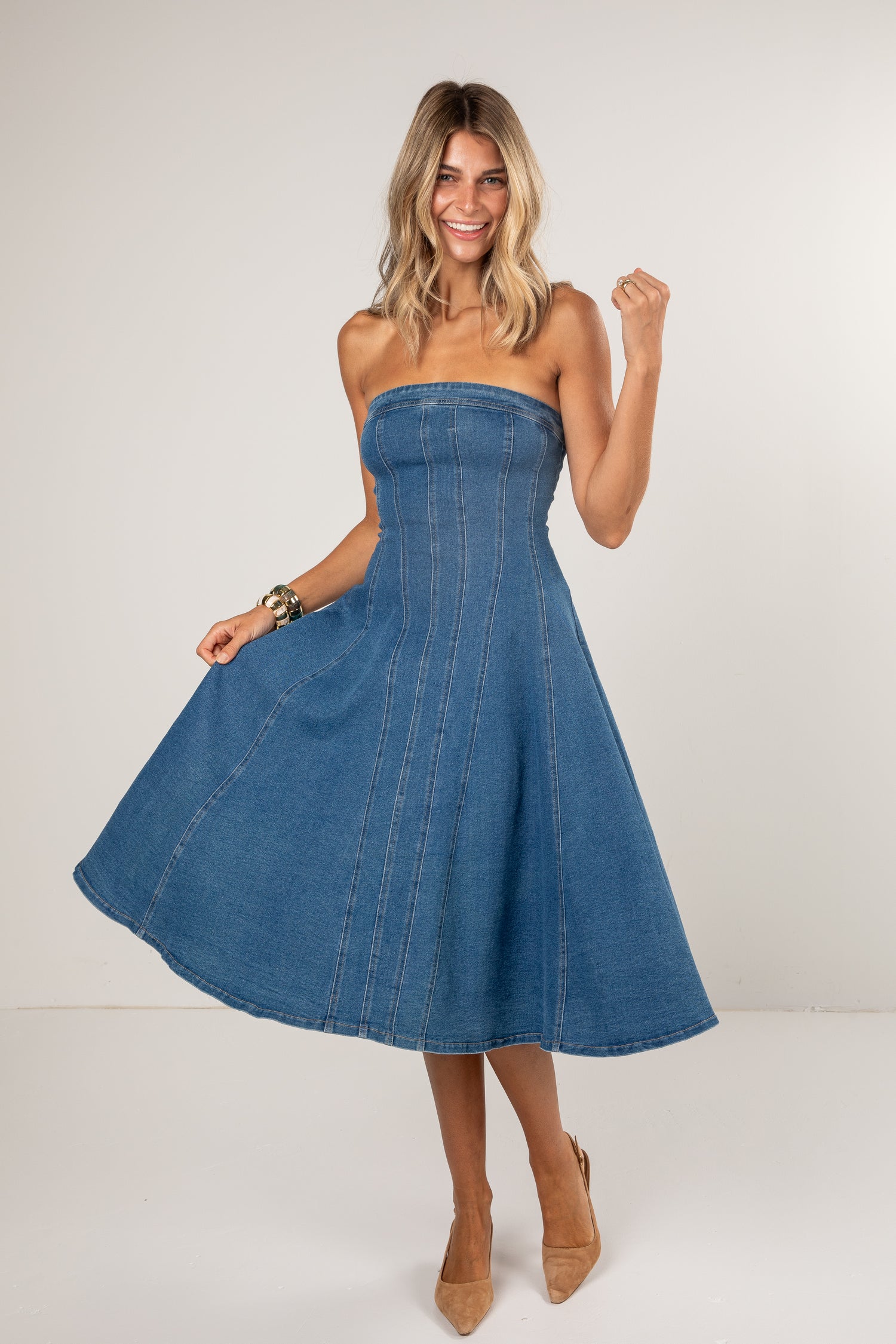 Perfectly Blue Denim Pleated Maxi Dress