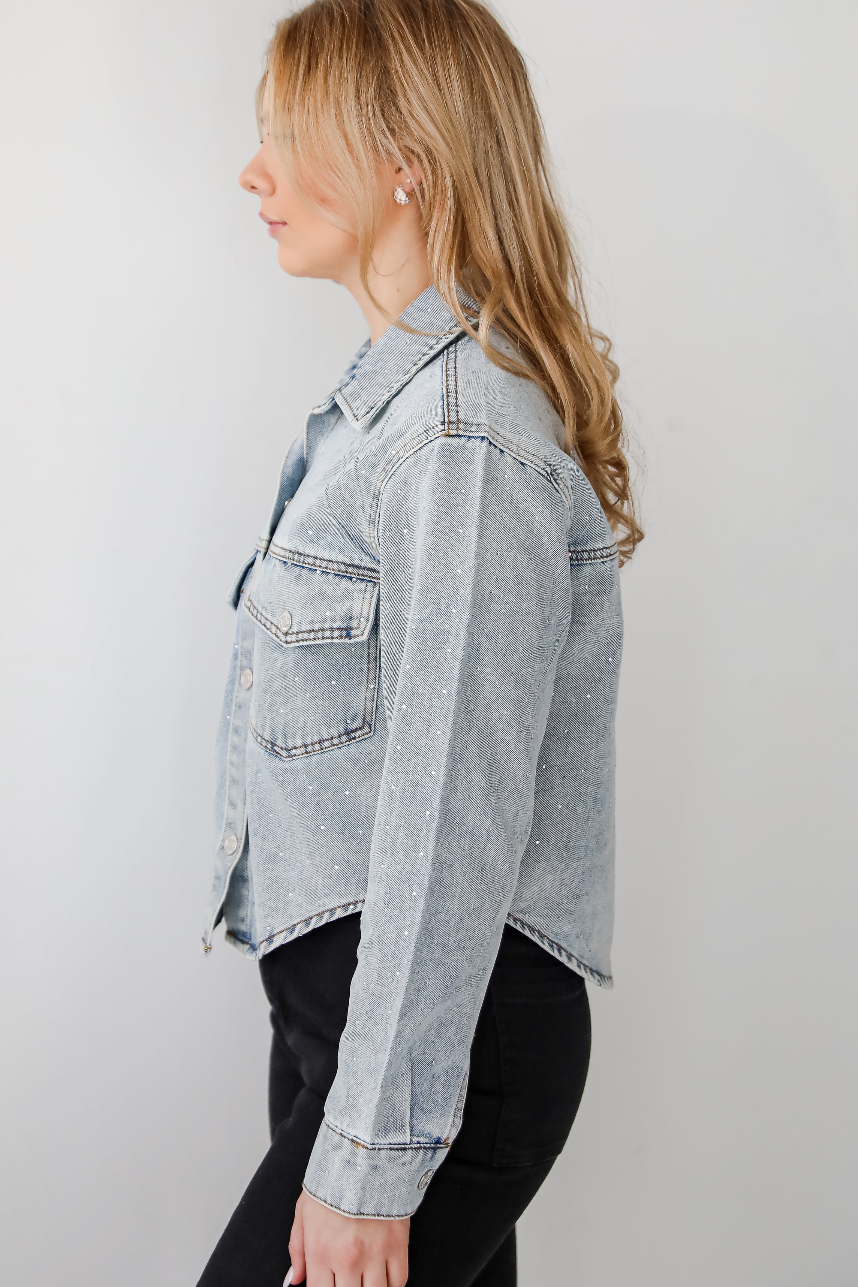 Beyond Glamorous Blue Rhinestone Cropped Denim Jacket