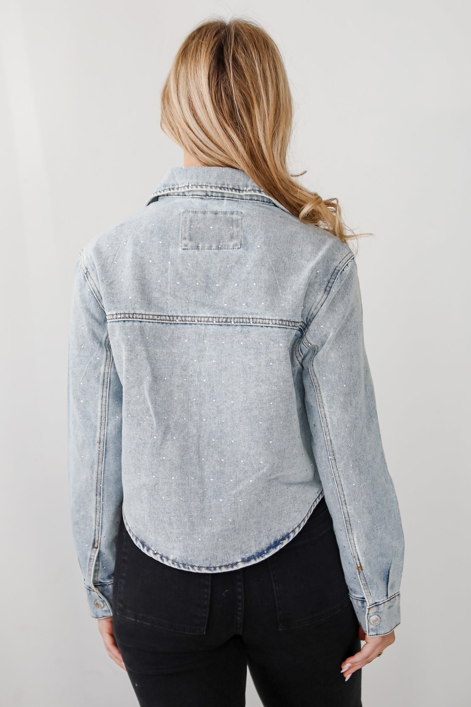 Beyond Glamorous Blue Rhinestone Cropped Denim Jacket