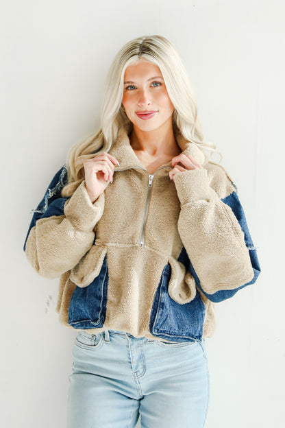 Nearest And Dearest Taupe Sherpa Denim Quarter Zip Pullover