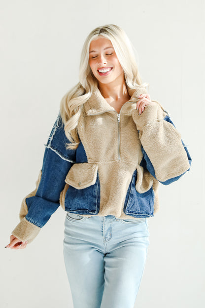 Nearest And Dearest Taupe Sherpa Denim Quarter Zip Pullover