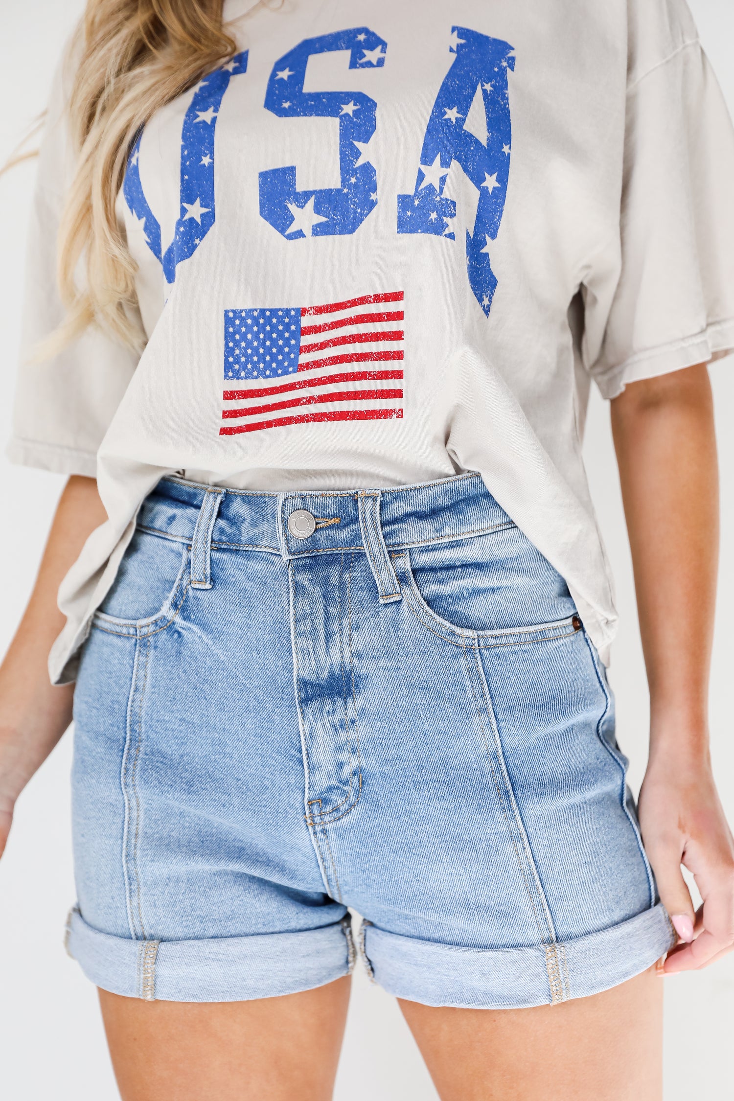 light wash Denim Shorts close up