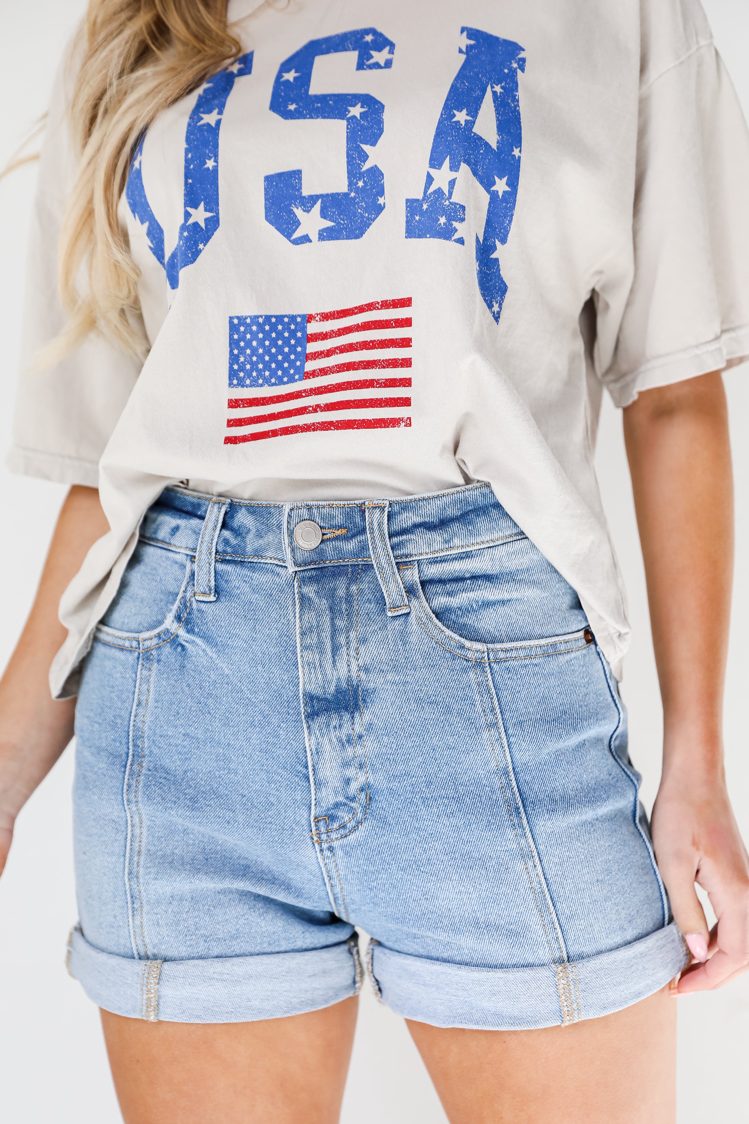 light wash Denim Shorts close up