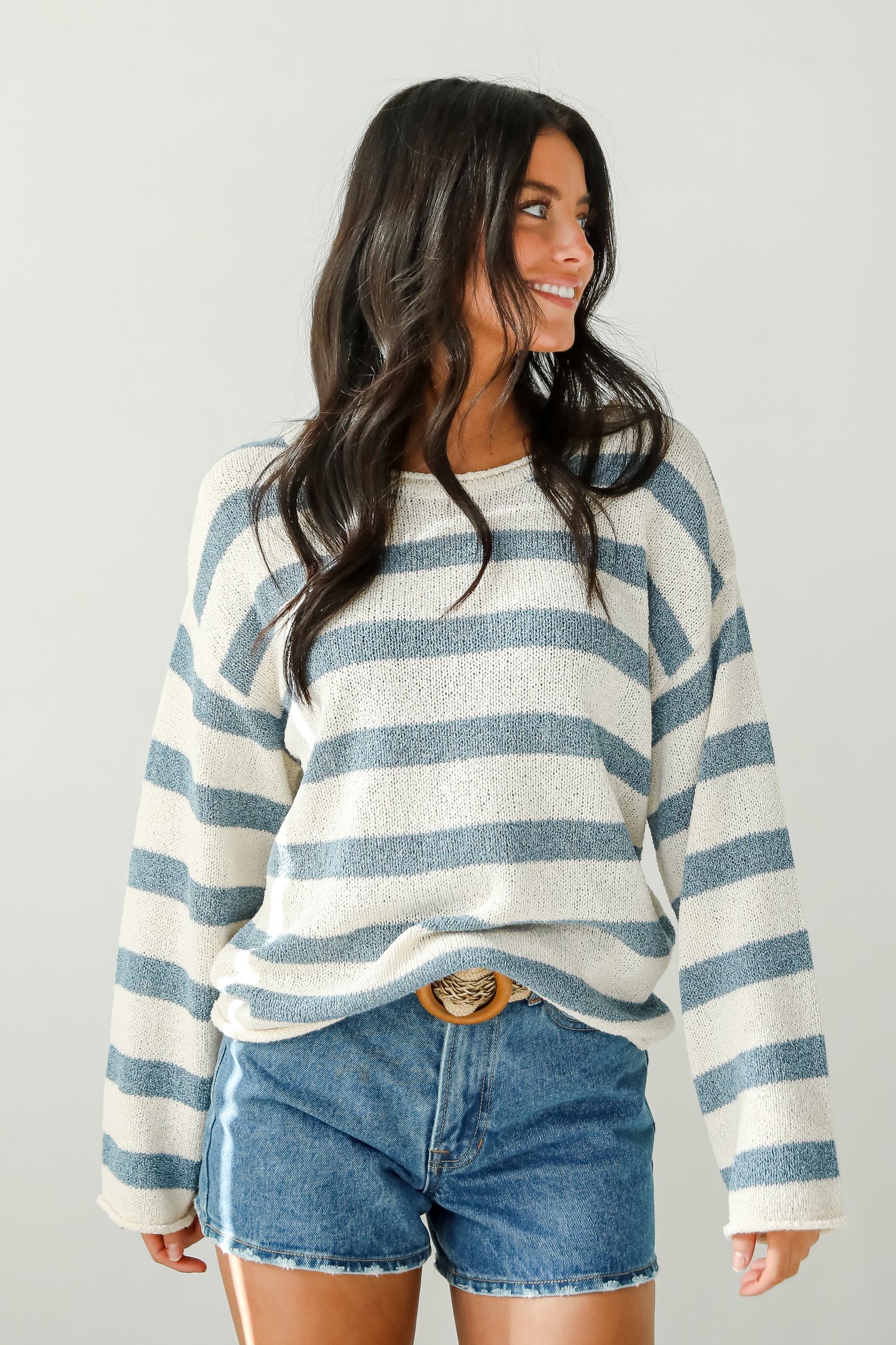 Coziest Chic Denim Striped Lightweight Knit Sweater