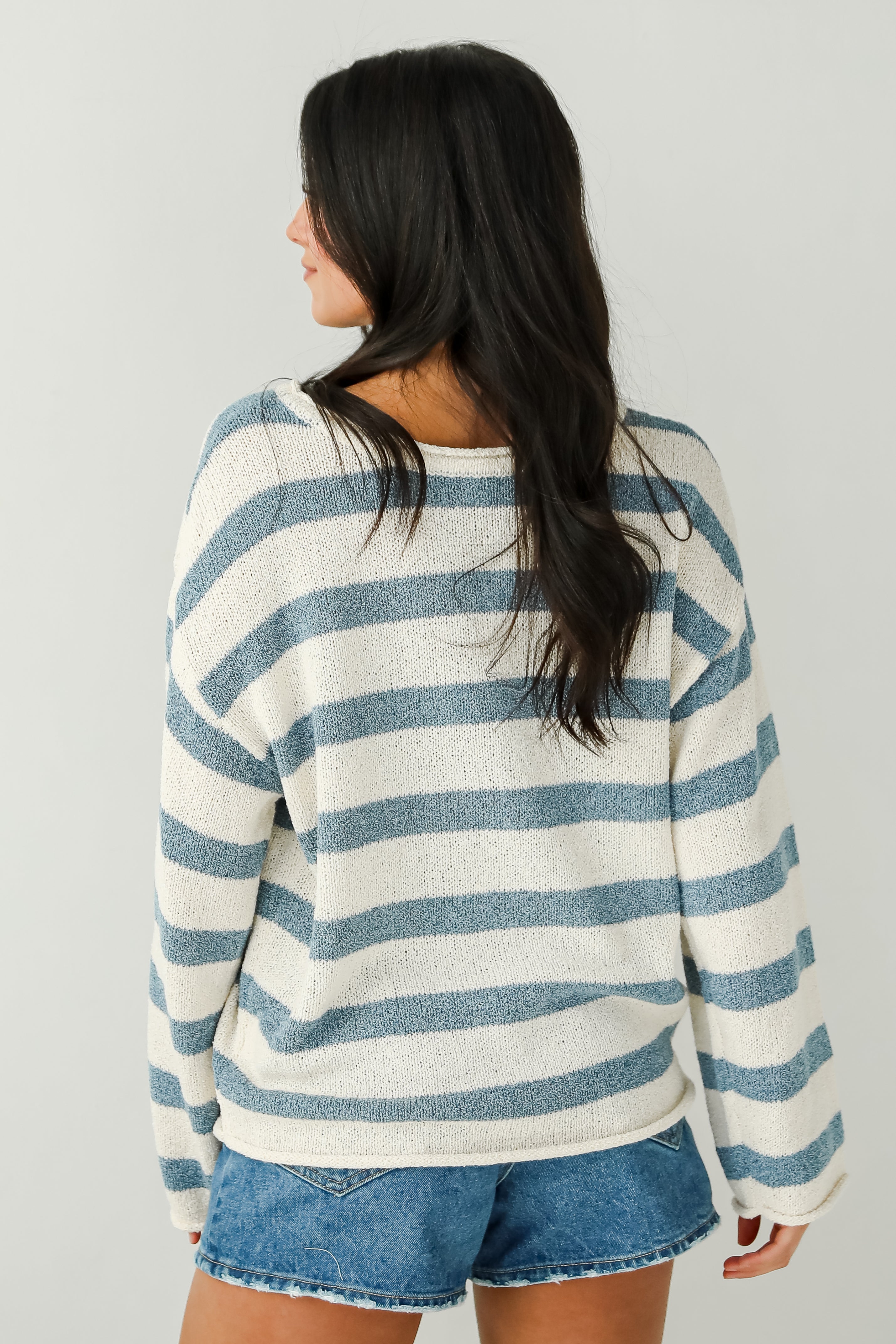 Coziest Chic Denim Striped Lightweight Knit Sweater