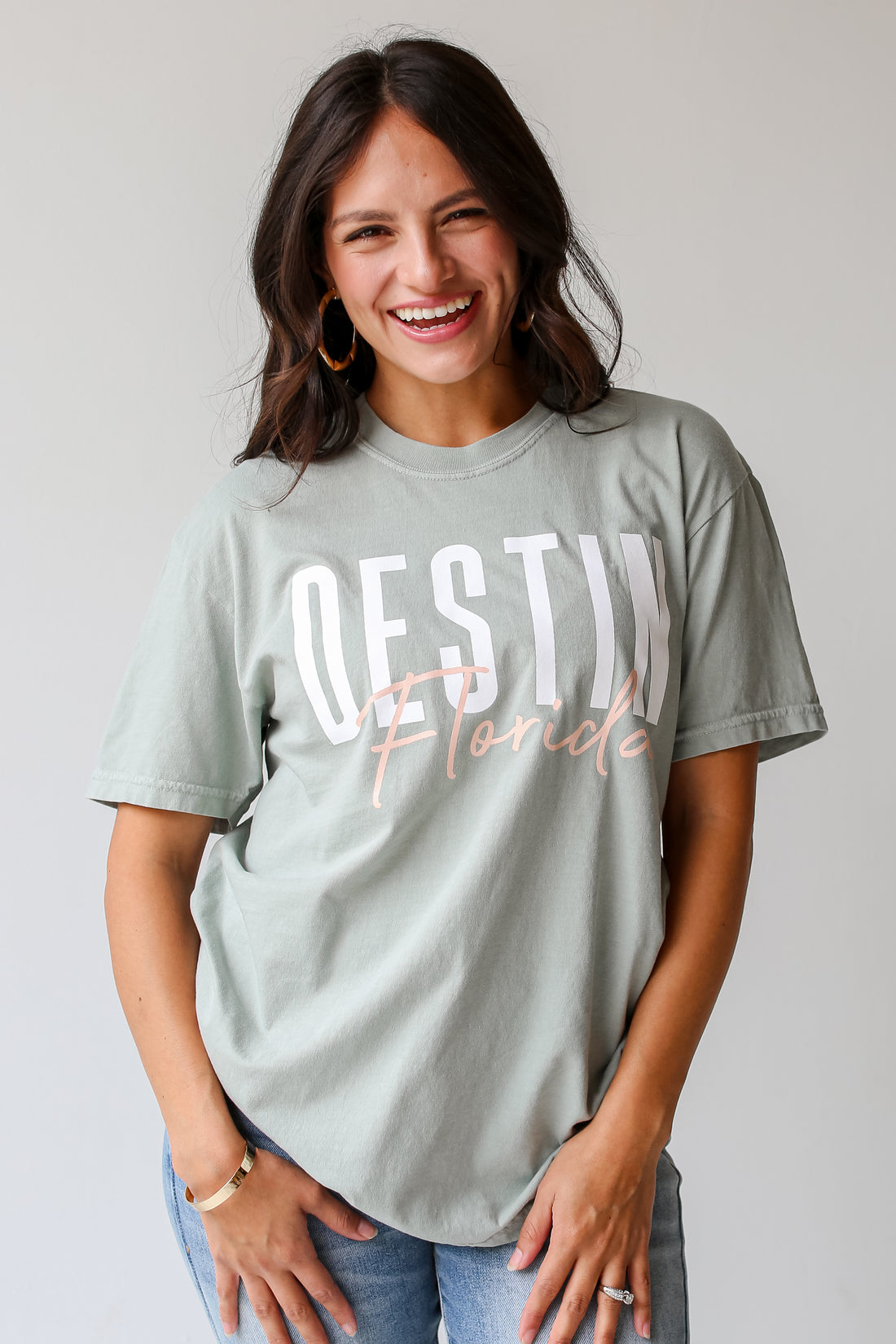 Sage Destin Florida Script Tee on model