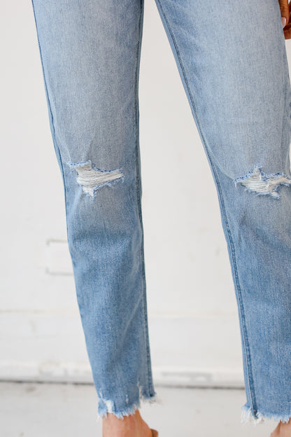 medium wash Distressed Mom Jeans close up