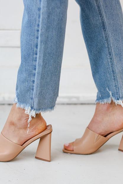 medium wash Distressed Mom Jeans close up side view