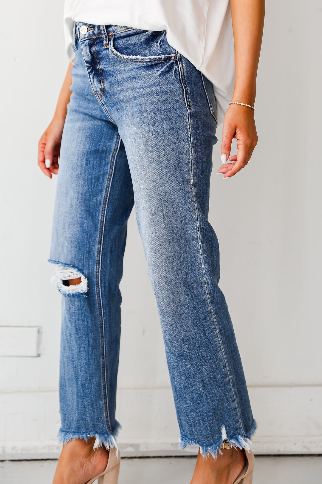 Medium Wash Distressed Dad Jeans for women