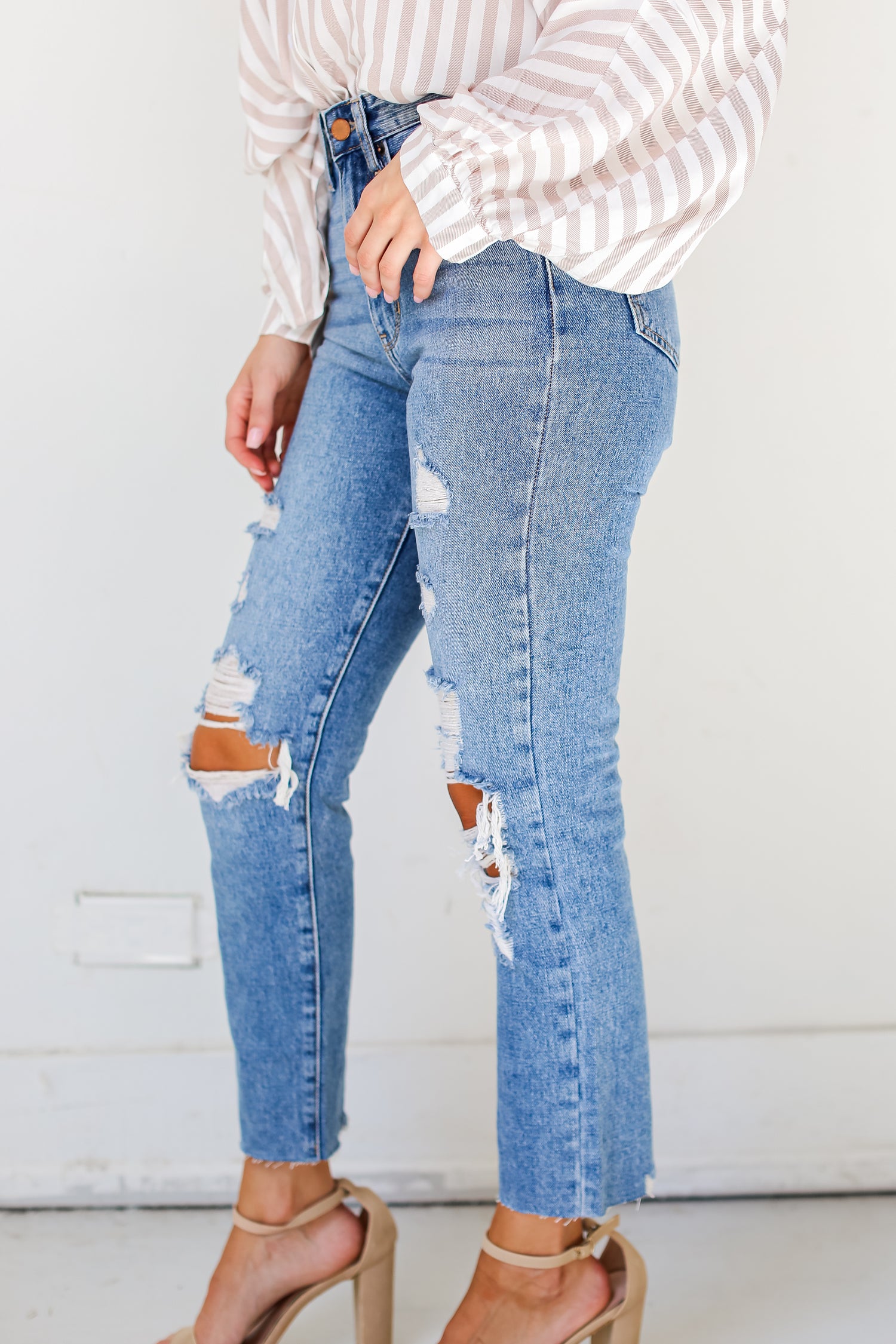 medium wash Distressed Mom Jeans side view