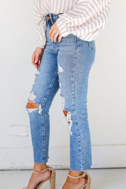 medium wash Distressed Mom Jeans side view