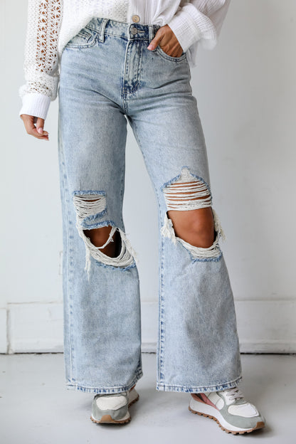 Light Wash Super High-Rise Wide Leg Distressed Jeans ShopDressUp
