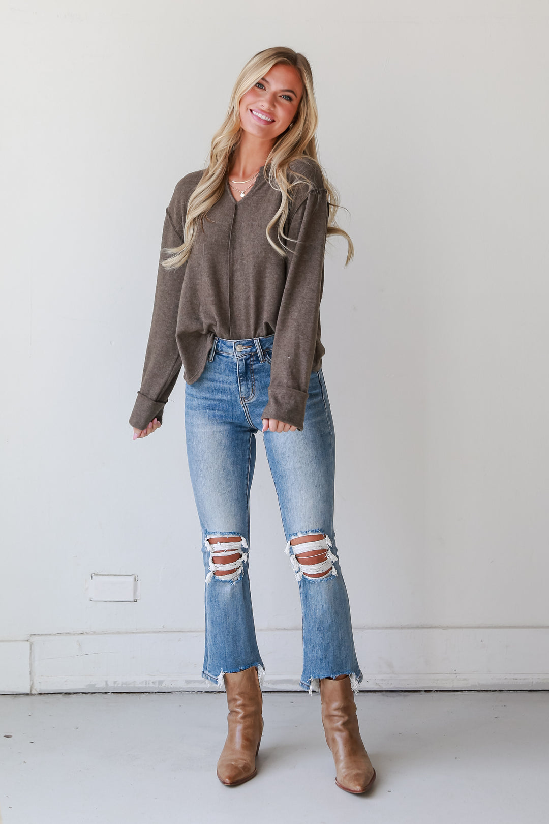 Light Wash Distressed Kick Flare Jeans Plus front view