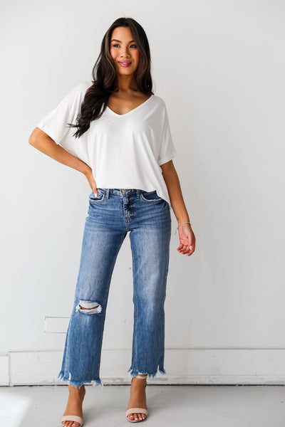 high waisted Medium Wash Distressed Dad Jeans