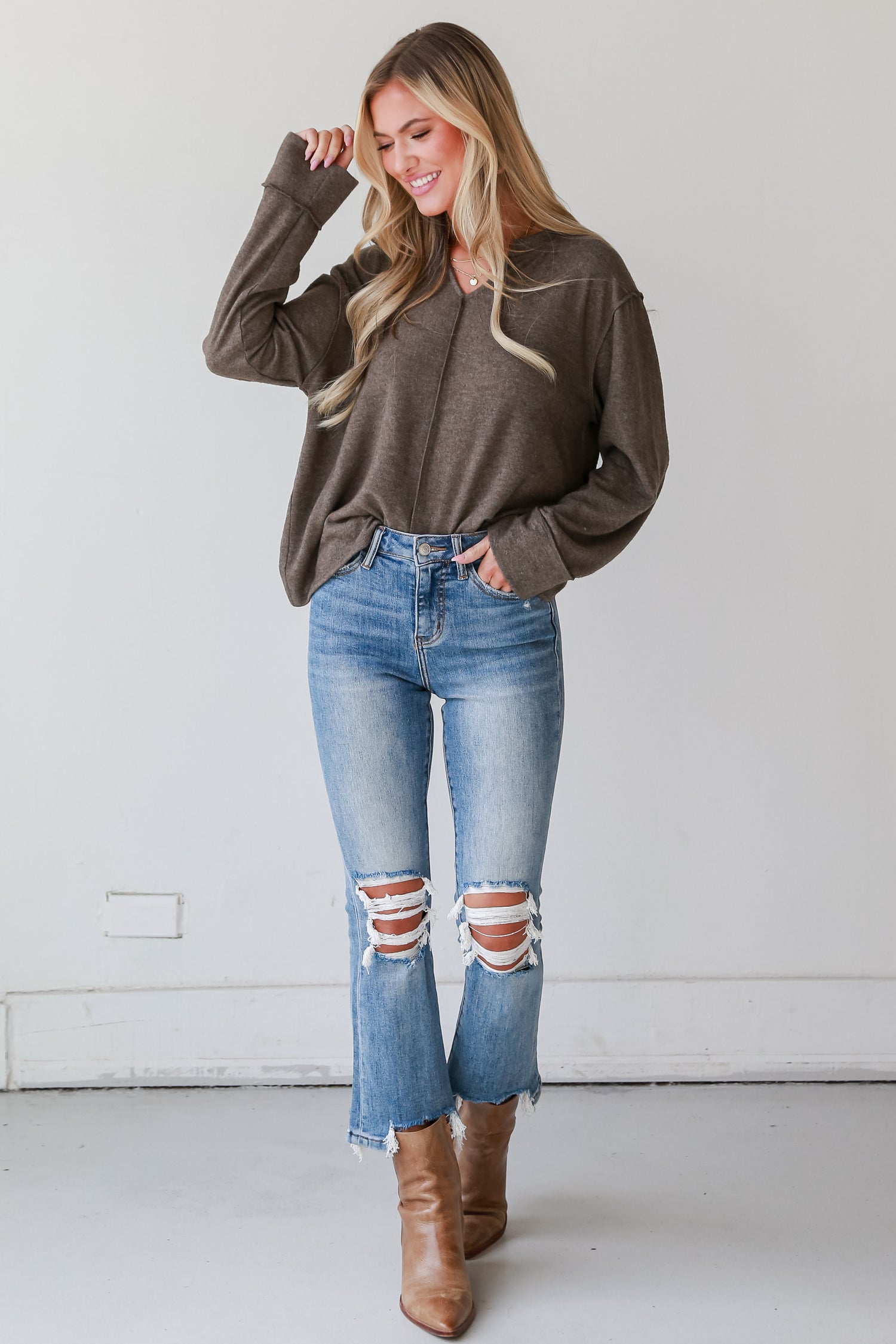 trendy Light Wash Distressed Kick Flare Jeans Plus