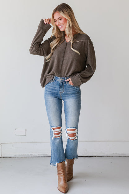 trendy Light Wash Distressed Kick Flare Jeans