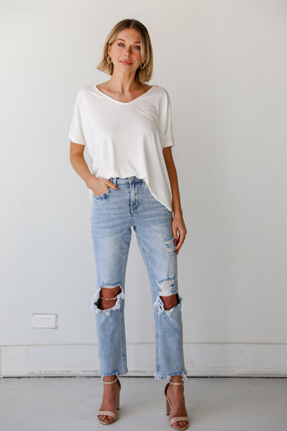 high rise Light Wash Distressed 90s Vintage Dad Jeans Vervet Denim