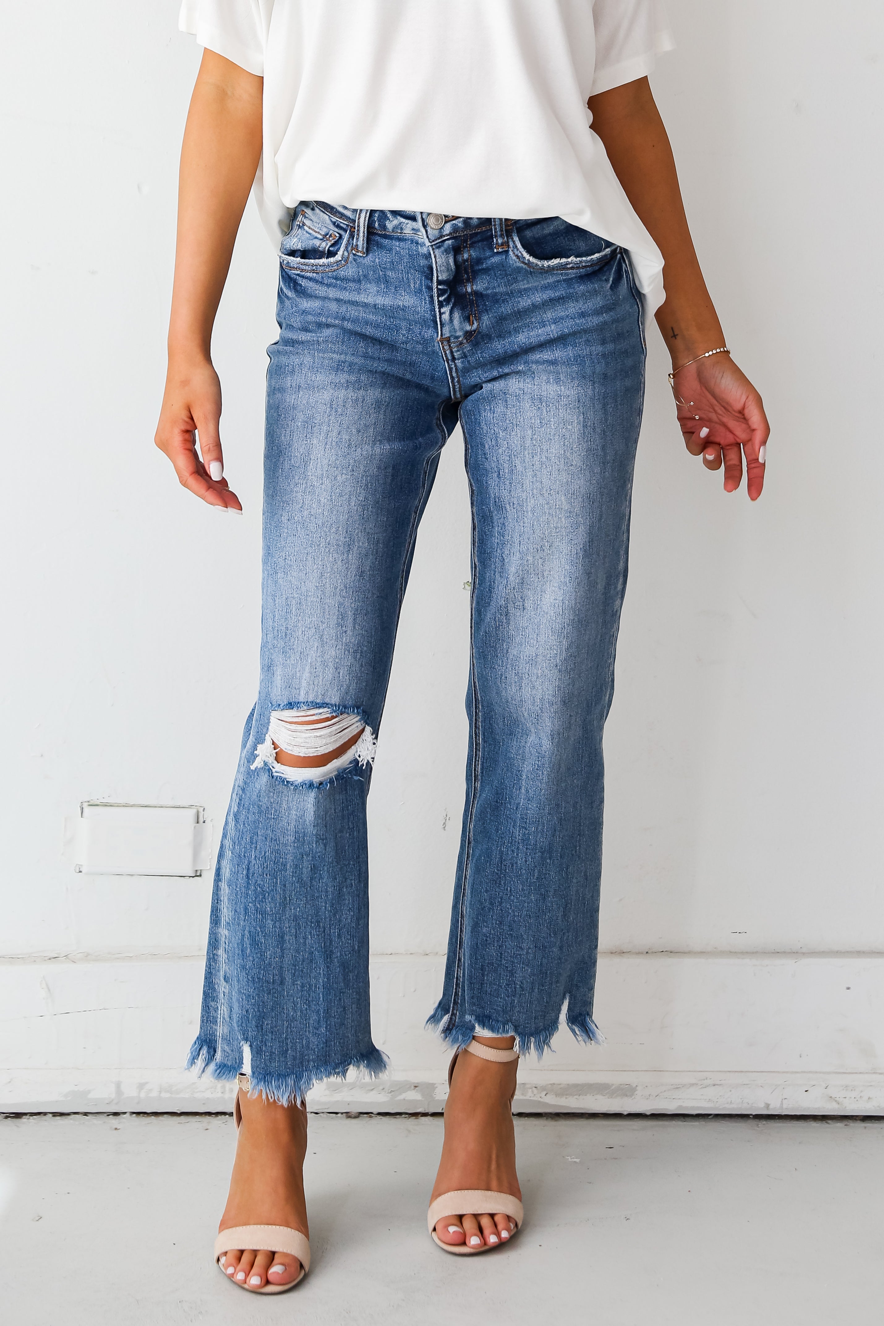 Medium Wash Distressed Dad Jeans for women