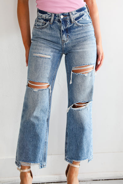 Medium Wash Distressed Straight Leg Jeans for women