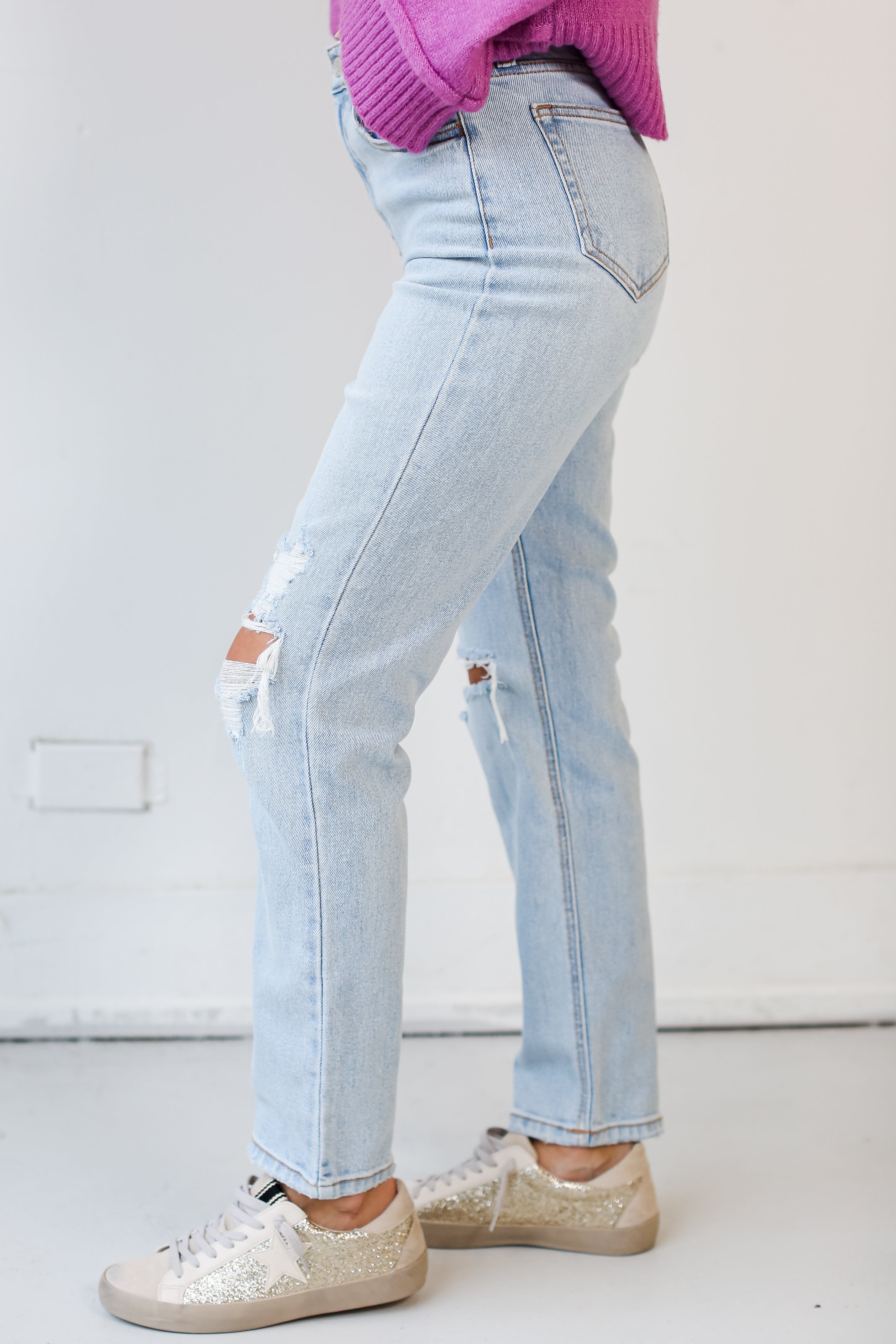 light wash Distressed Straight Leg Jeans side view