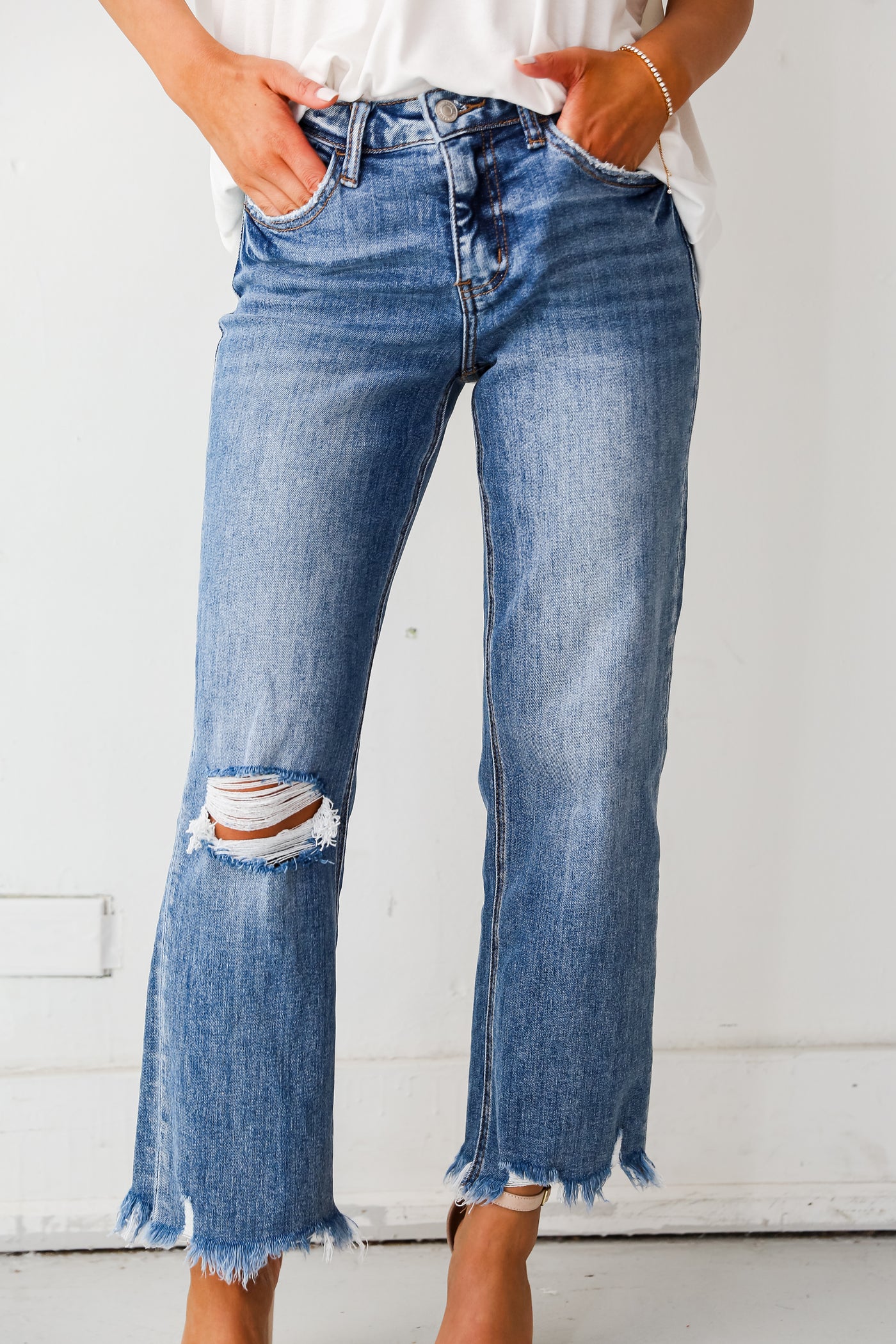 Medium Wash Distressed Dad Jeans on model