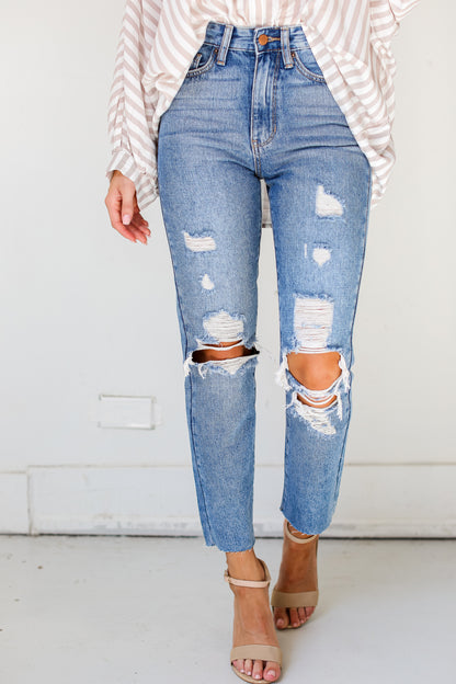 medium wash Distressed Mom Jeans close up view